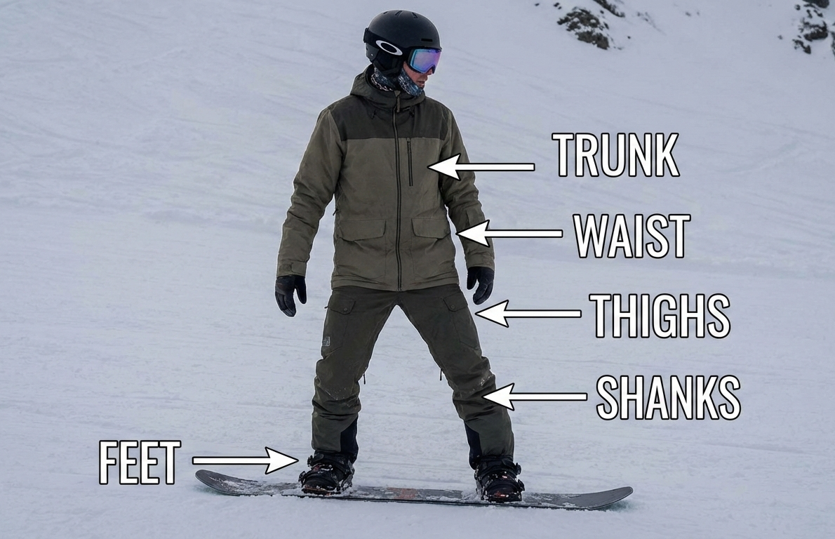 Sensor placement diagram (feet, shins, thighs, hip, trunk)